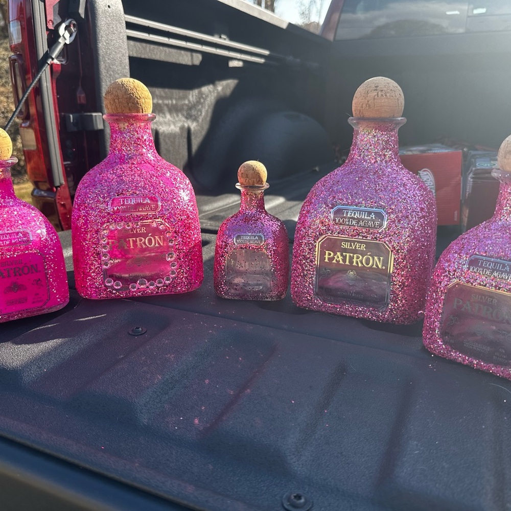 Pink Glitter Patron Tequila Bottles